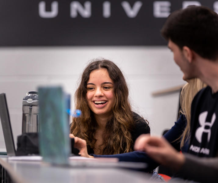Image of two students on their laptops in a lecture theatre
